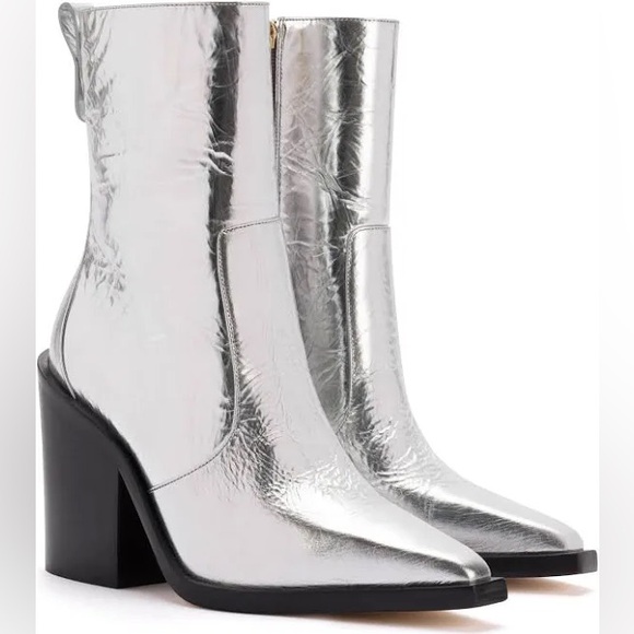 Larroude Shoes - Larroude James Crinkled Silver Metallic Block Heeled Boots Zip Up sz 9 NWOT NWOB